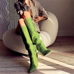 Women Rhinestone Knee High Boots Sexy Lady Pinted Toe Thin Heel Long Boots Woman's Slip-On High Heels Botas Mujer Invierno 2025
