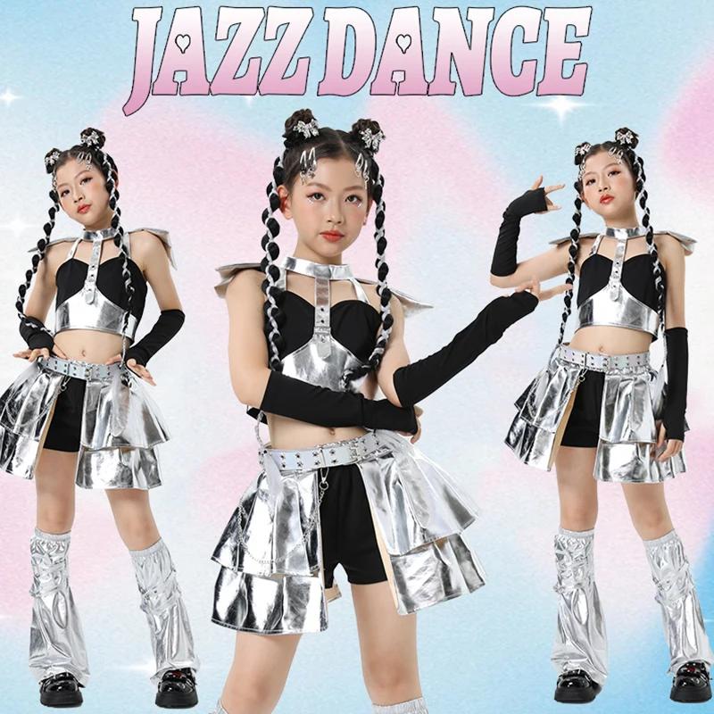 Conjunto de baile de Jazz plateado para niños, trajes de competición de baile K POP, equipo escolar de baile callejero de Hip Hop para niñas, trajes para actuar XH1508