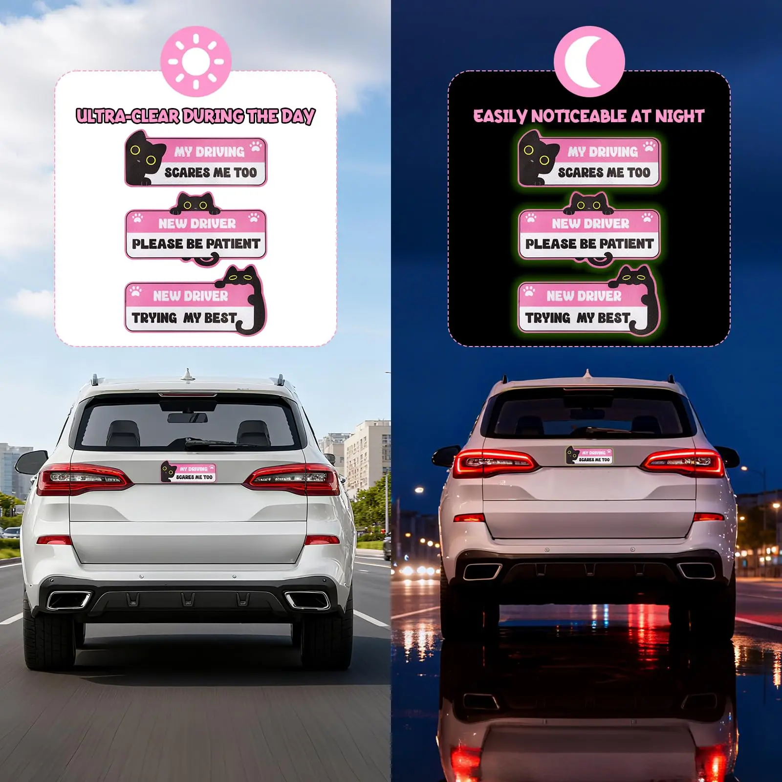 3Pcs New Driver Please Be Patient Reflective Magnets Funny Cat Car Stickers for Novice Drivers Waterproof Auto Safety Signs