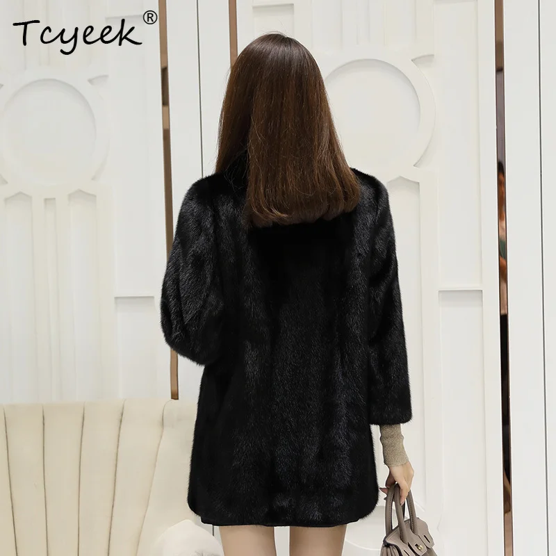 Tcyeek Autumn Winter High End Korean Version Full Mink Stand Up Collar Black Medium Length Women's Mink Fur Coat Fourrures Femme