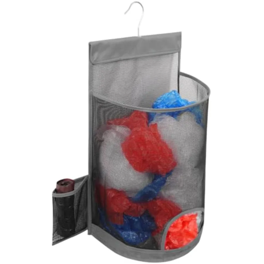 Hanging Mesh Grocery Bag Holder, Plastic Garbage Bag Dispenser Organizer with Hanger for Kitchen Cabinet Bathroom Laundry, Inst