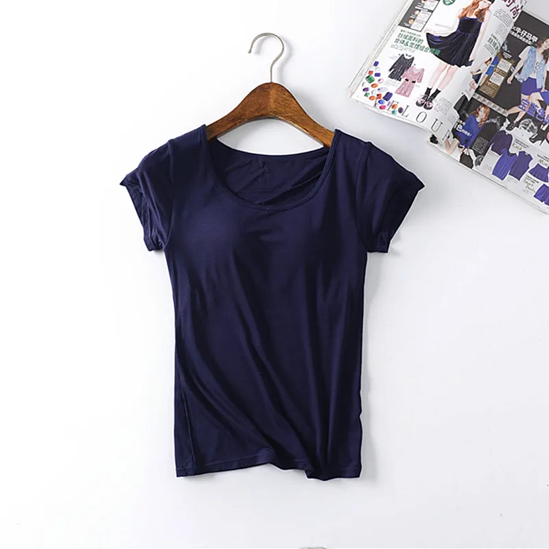

Modal Bra Chest Pad Sleepwear T-shirt Short Sleeve Women's Summer Pajamas One Piece Nightwear Bottoming Wear Shirt M-4XL