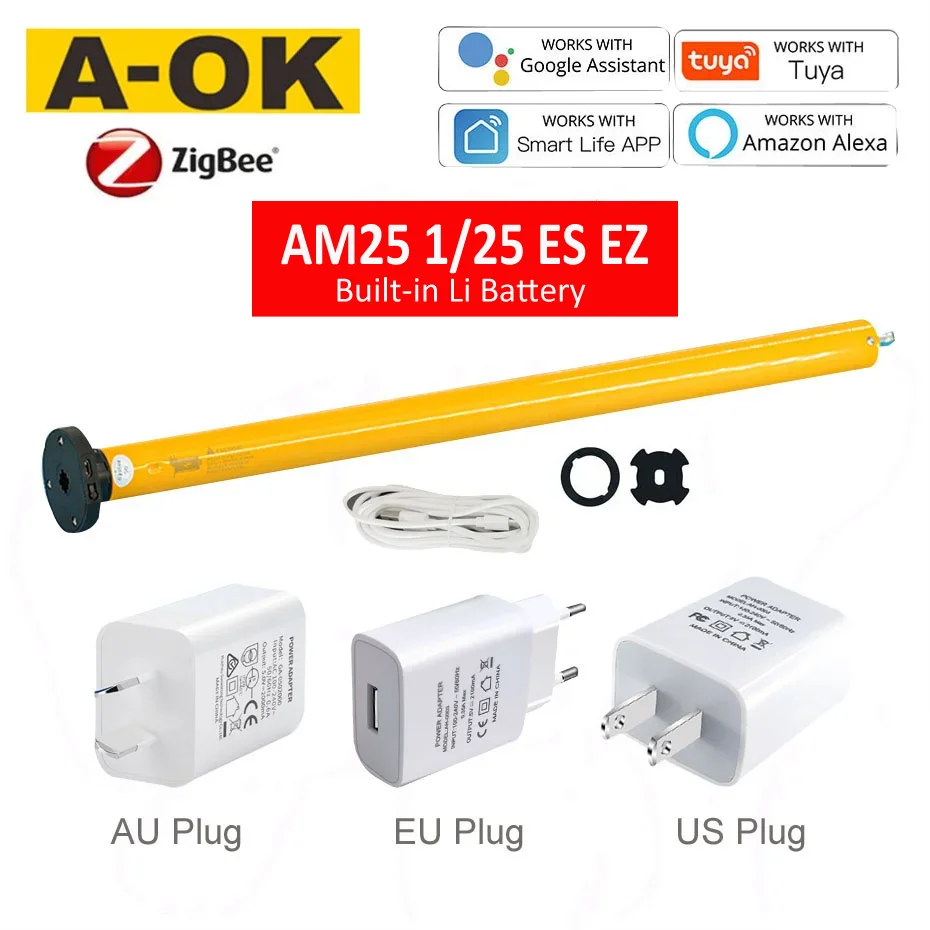 A-OK am25 tuya zigbee rf433 inteligente dc motor tubular li bateria para rolo cego obturador 38mm tubo, alexa casa do google, ue/eua/au plug