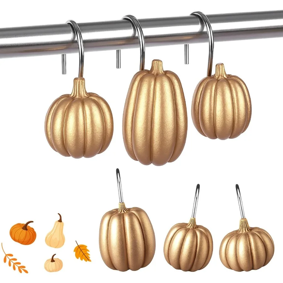 

12 Pcs Pumpkin Decorative Shower Curtain Hooks Fall Shower Curtain Rings Hanger Stainless Steel Resin Thanksgiving Bathroom Hoo