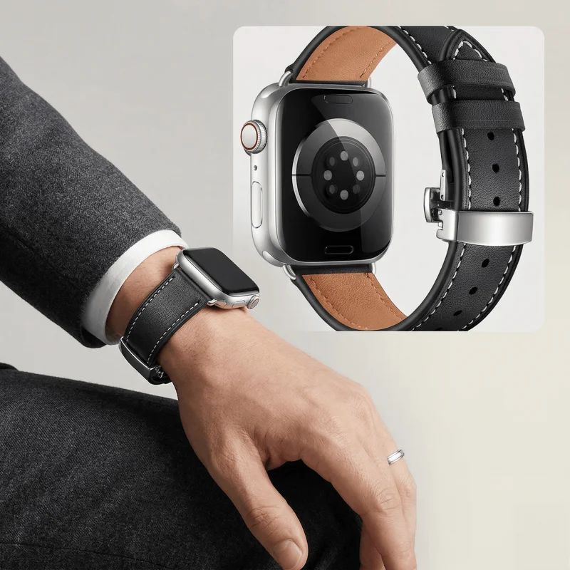 Lederarmband für Apple Watch, 49 mm, 45 mm, 41 mm, 38 mm, 46 mm, 42 mm, 40 mm, 44 mm, mit Schmetterlingsverschluss, passend für iWatch Series 12, 11, 10, 9, 8, 7, SE, 6, 5, 4, 3.