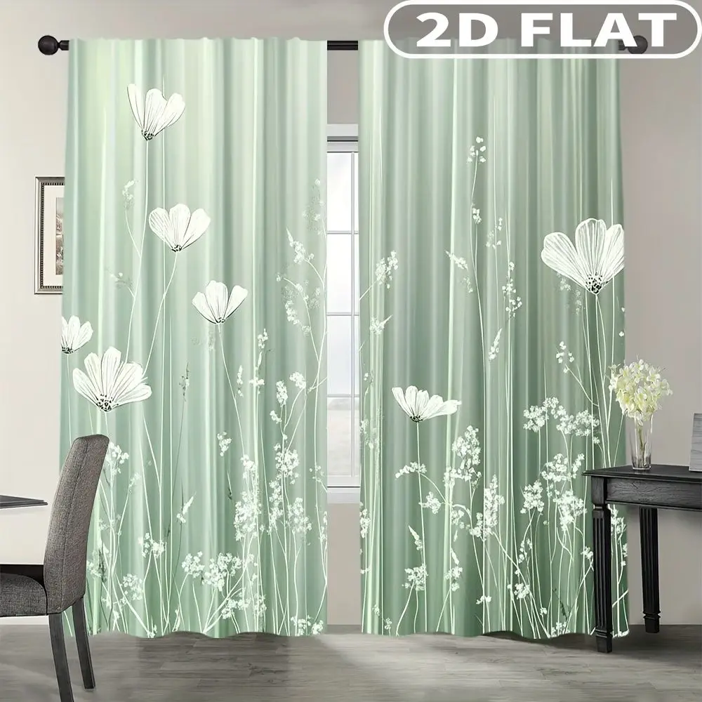 

2pcs Curtains White Flowers On Green Background for Balcony, Bedroom, Study, Living Room, for Spring & Summer Machine Washable