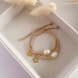 KKBEAD Star Charm Bracelet for Women Handmade Braided Wax Rope Vintage Bracelets Natural Pearl Pulseras Mujer Moda