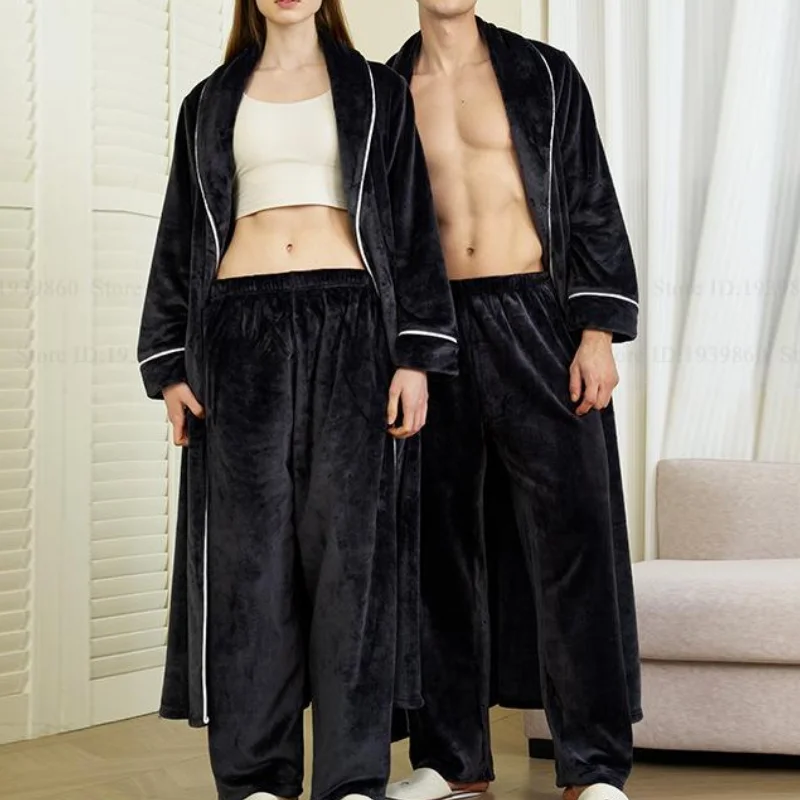 

Black Flannel Couple Long Robe Loungewear Autumn Winter Warm Thicken Sleepwear Bathrobe Loose Coral Fleece Pajamas Set Homewear