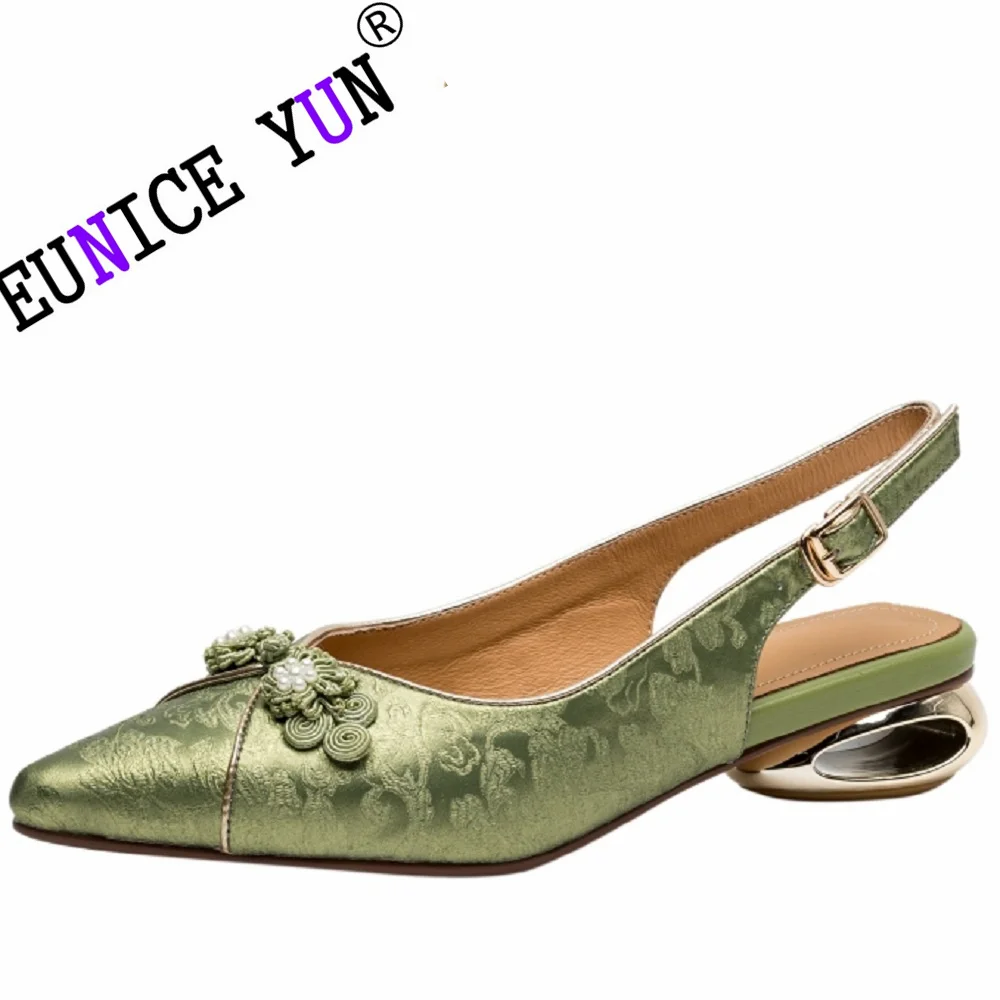 

【EUNICE YUN】new ethnic genuine leather soft pumps elegant lady's mid heels shoes party shoes 34-40