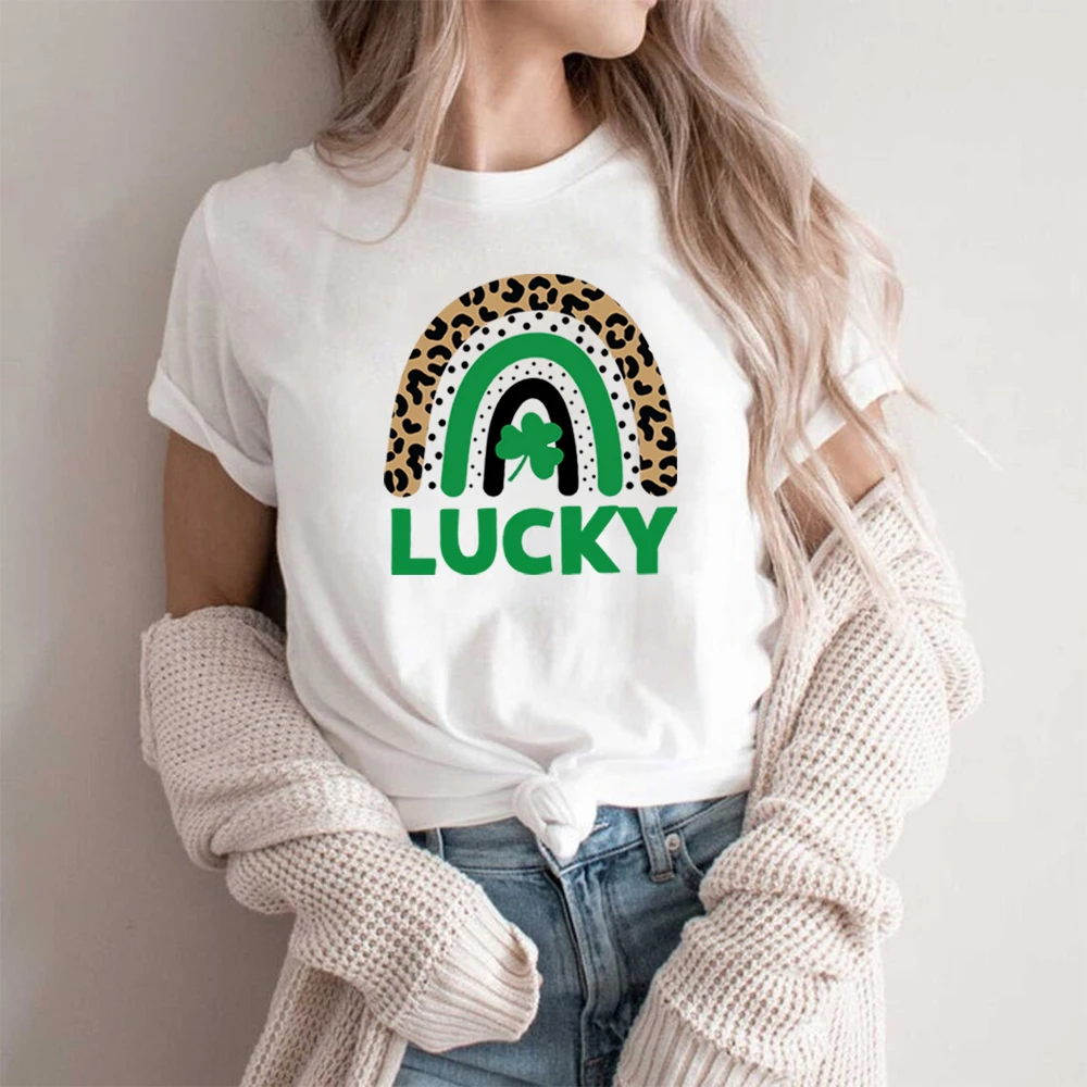 Shamrock Shirt St Patricks Day T-Shirt Rainbow Lucky Me Shirts Cute Irish Leopard Print St Patricks Tees Vintage Harajuku Tops