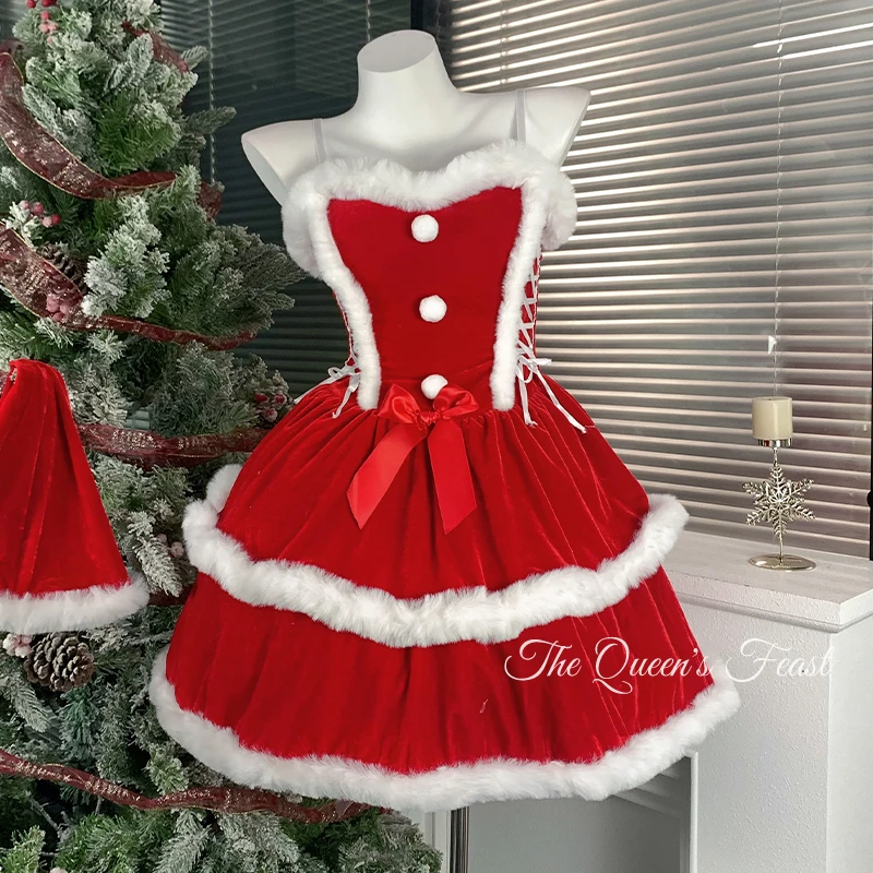 Roupas de natal 2025 outono inverno atmosfera n vestido feminino veludo emenda quente menina sexy tubo superior lolita vestidos senhoras