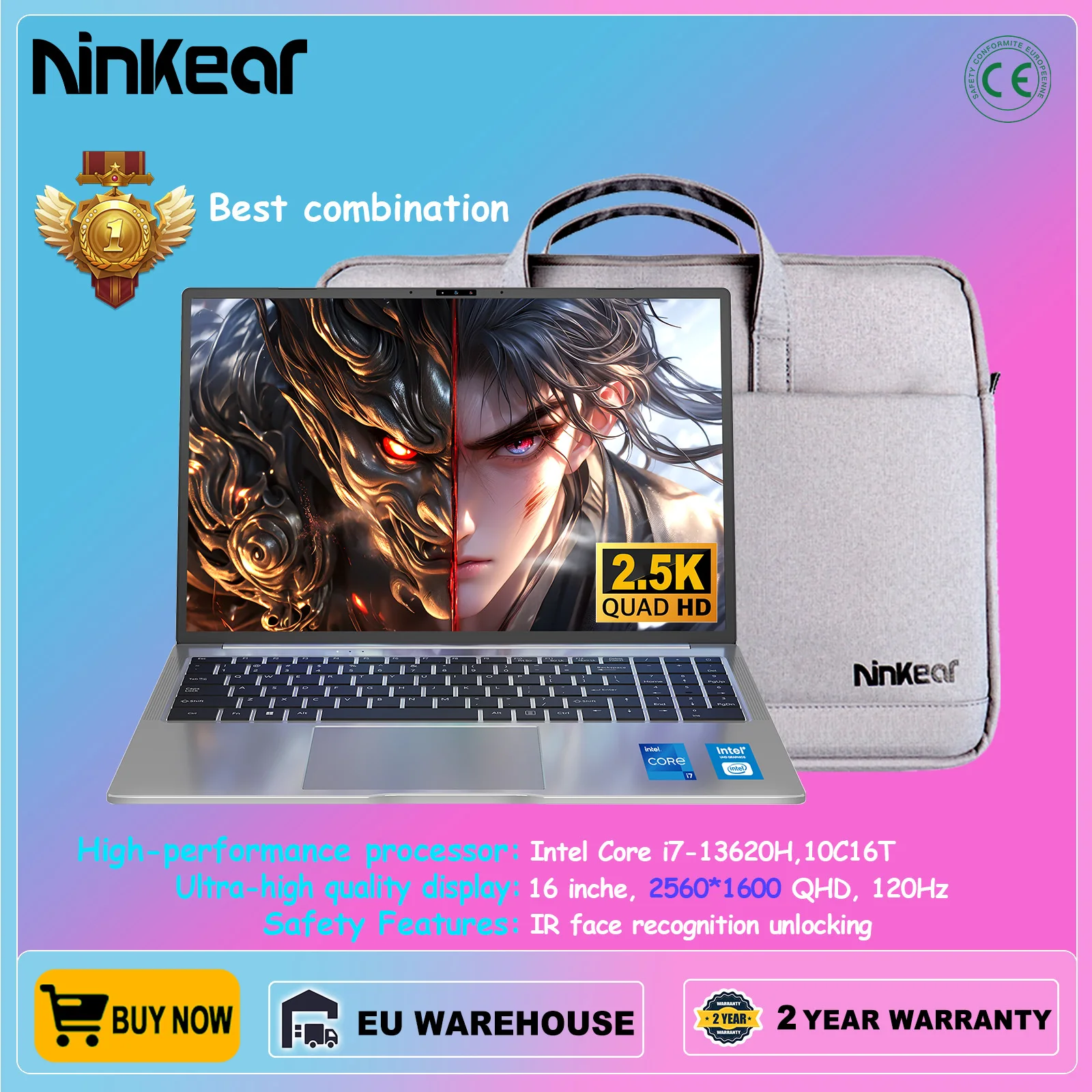 Ninkear Gaming Laptop N16 PRO 16-inch 13th Gen Intel i7-13620H 32GB DDR4+1TB SSD 2.5K IPS 120Hz Face Unlock WiFi6