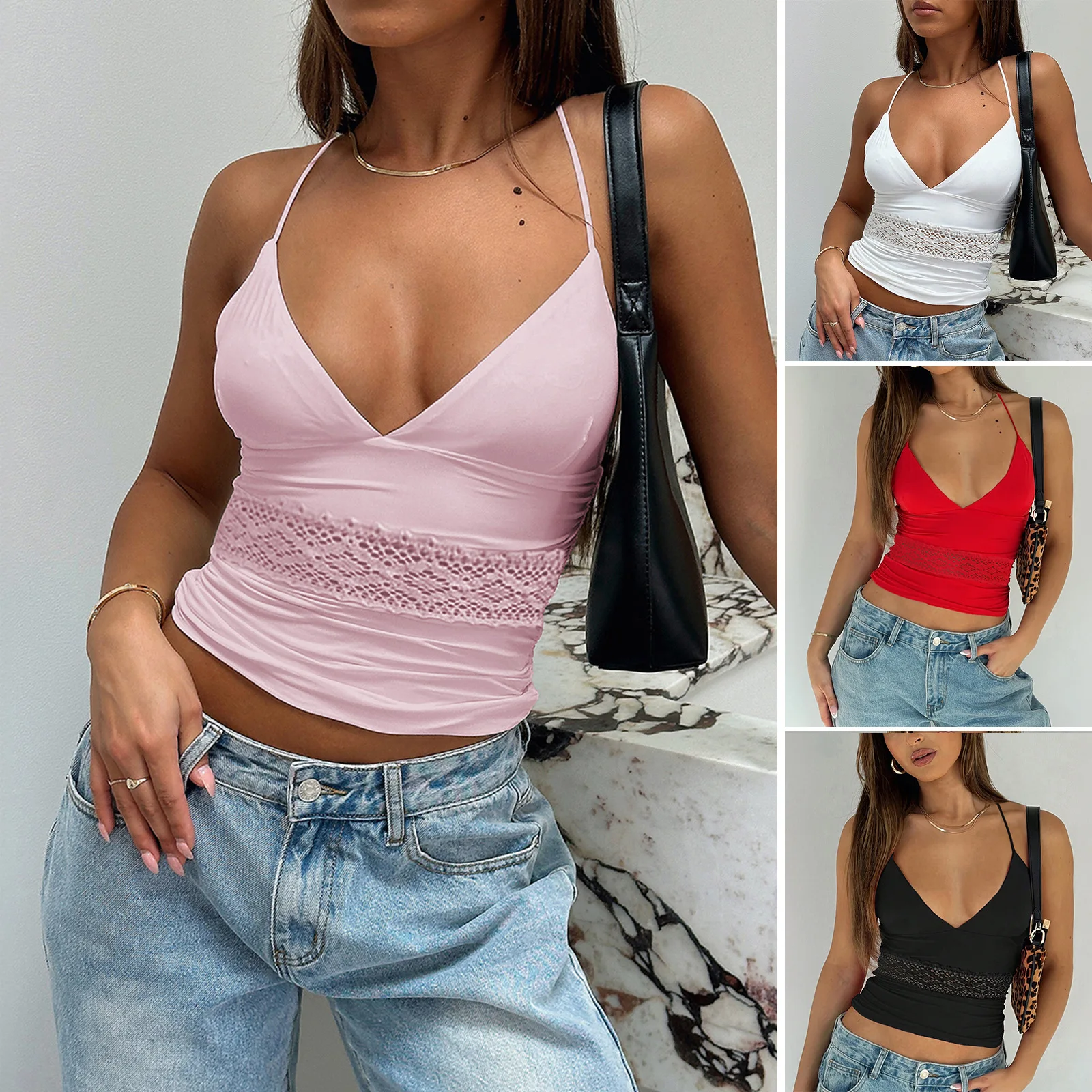 

Tank Top 2025 Summer Sexy Top Lace Splicing Strap Korean Fashion Clothing Hollow Hanging Neck