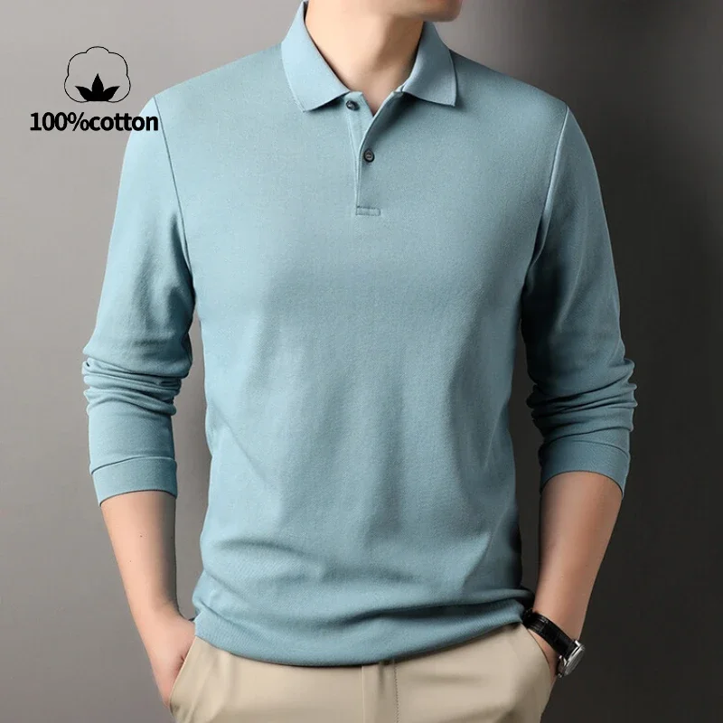 Durable 100% Cotton Men Polo Shirt,Autumn Leisure Long Sleeve, Breathable Lapels T-shirt, 16 Colors, Perfect for Golf and Sports