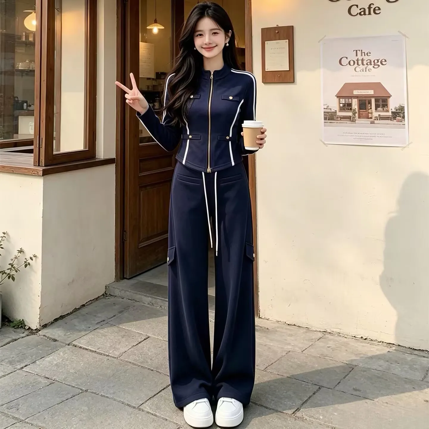 Women's Sportswear Set Cotton Simulation Diagonal Stripe 250g Spring Autumn Slim Fit Collar Top Wide Leg Pants Two Pieces