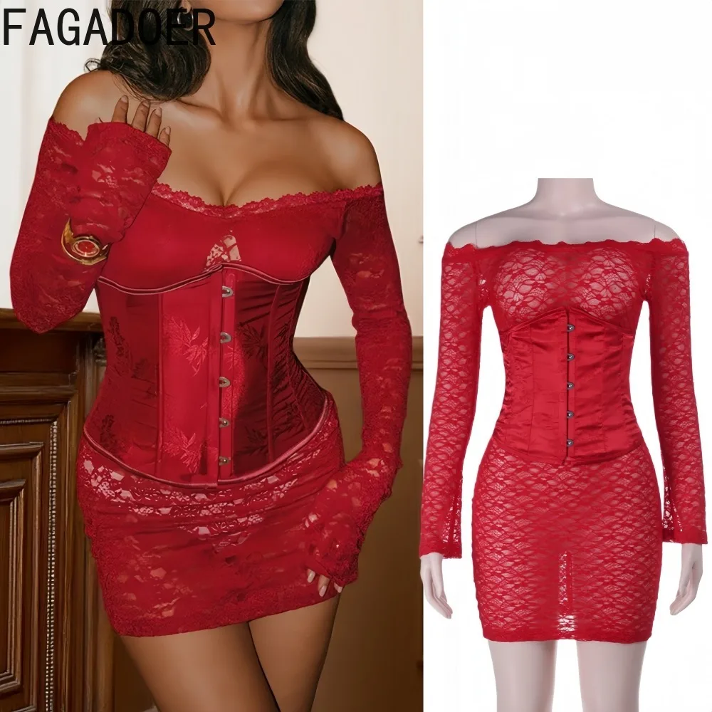 

FAGADOER Sexy Lace See Through Patchwork Bodycon Dresses Woman Red Off Showlder Backless Dress Female Streetwear Vestidos New