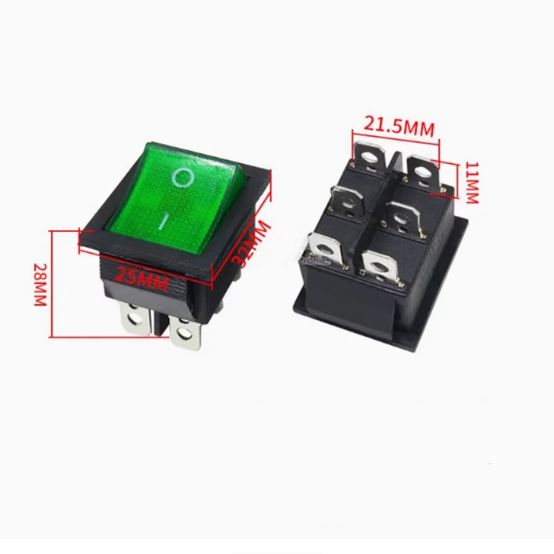 10PCS KCD4 2position 6 Pin Large-scale rocker switch power switch 16A 250V Red green  LED
