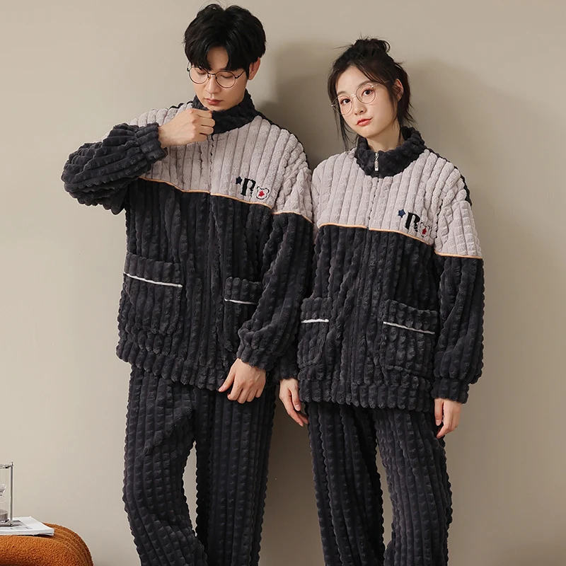 

High Quality Winter Couple Pajama Set Women Men Warm Sleepwear Casual Flannel Pyjamas