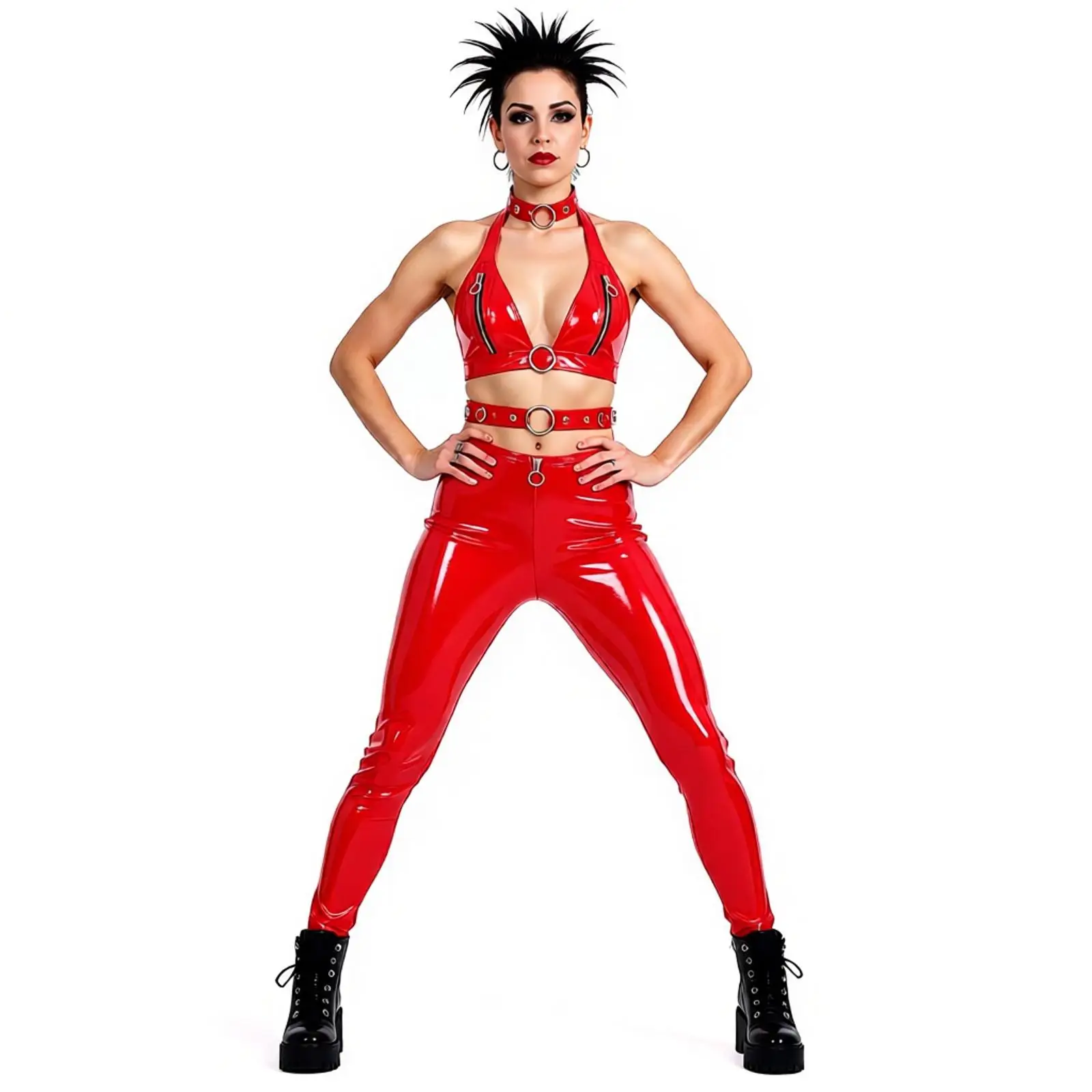 Women Wet Look PU Leather Outfit Zip Cup Y-back Bra Bralette And Zipper Crotch Mesh Legs Tights Legging Clubwear Motorcycle Suit