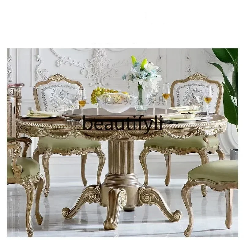 B178 French carved round dining table and chair combination embroidered dining chair veneer parquet dining table