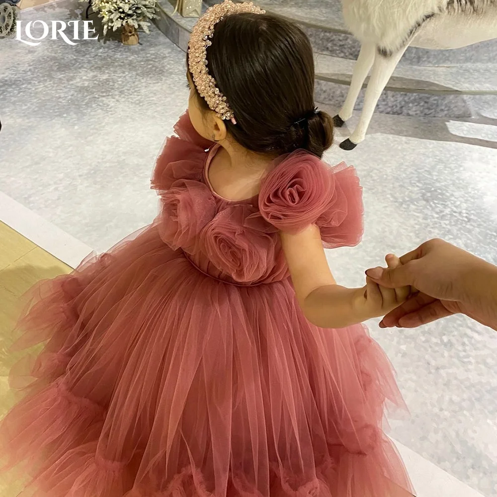 LORIE Baby Toddler Puff Sleeve Tulle Bow A-Line Tutu Twirly Babydoll Flare Ball Gown Princess Flower Girl Dress