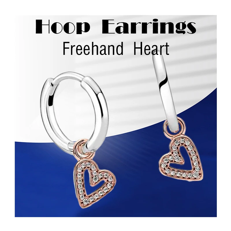 

Silver 925 Original Hoop Earrings For Women Fine Jewelry Dangling 14K Rose Gold Sparkling Freehand Love Heart With Zircon Stones