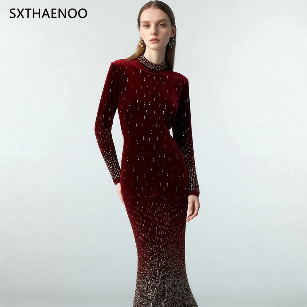 

SXTHAENOO Solid Slimming Spliced Hot Fix Dresses Women Stand Neck Long Sleeves Temperament Banquet Dresses Women Clothing 2026