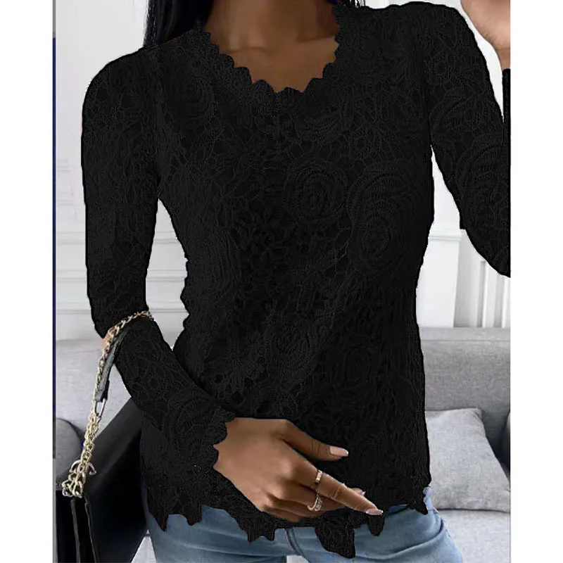 Elegant Fashion Solid Color Lace Spliced Long Sleeve Tops Women\'s Clothing Commute Autumn Winter Female Slim Round Neck T-shirt