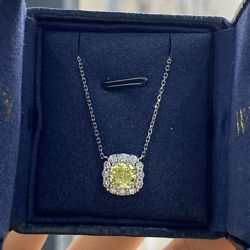 Solid 14k White Gold 1CT Cushion Cut DEF VS-VVS CVD HPHT Lab Grown Yellow Diamond Pendant Necklace 18inch Wedding Necklace IGI