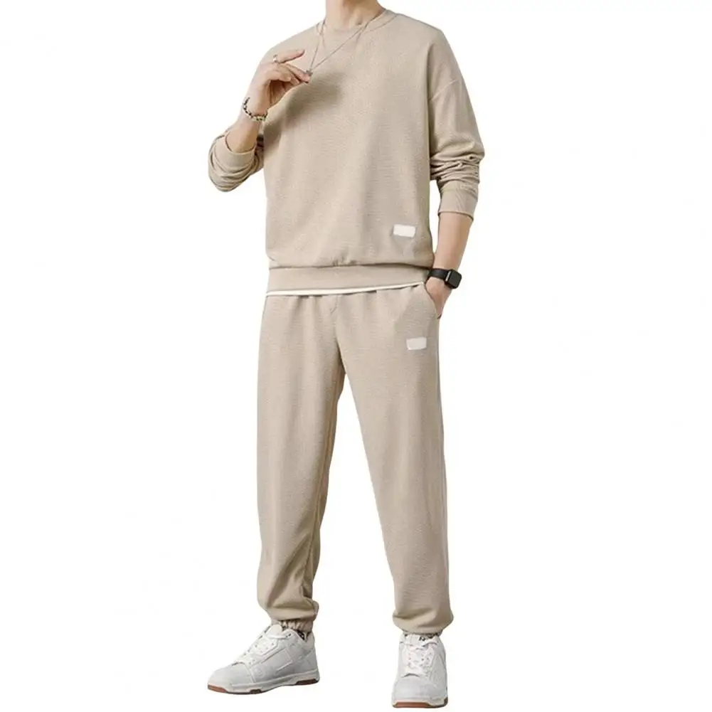 Male Beach Set Quick Dry Casual Pants V-neck All Matching Men's Suit Solid Color Long-Sleeved Top+Pants