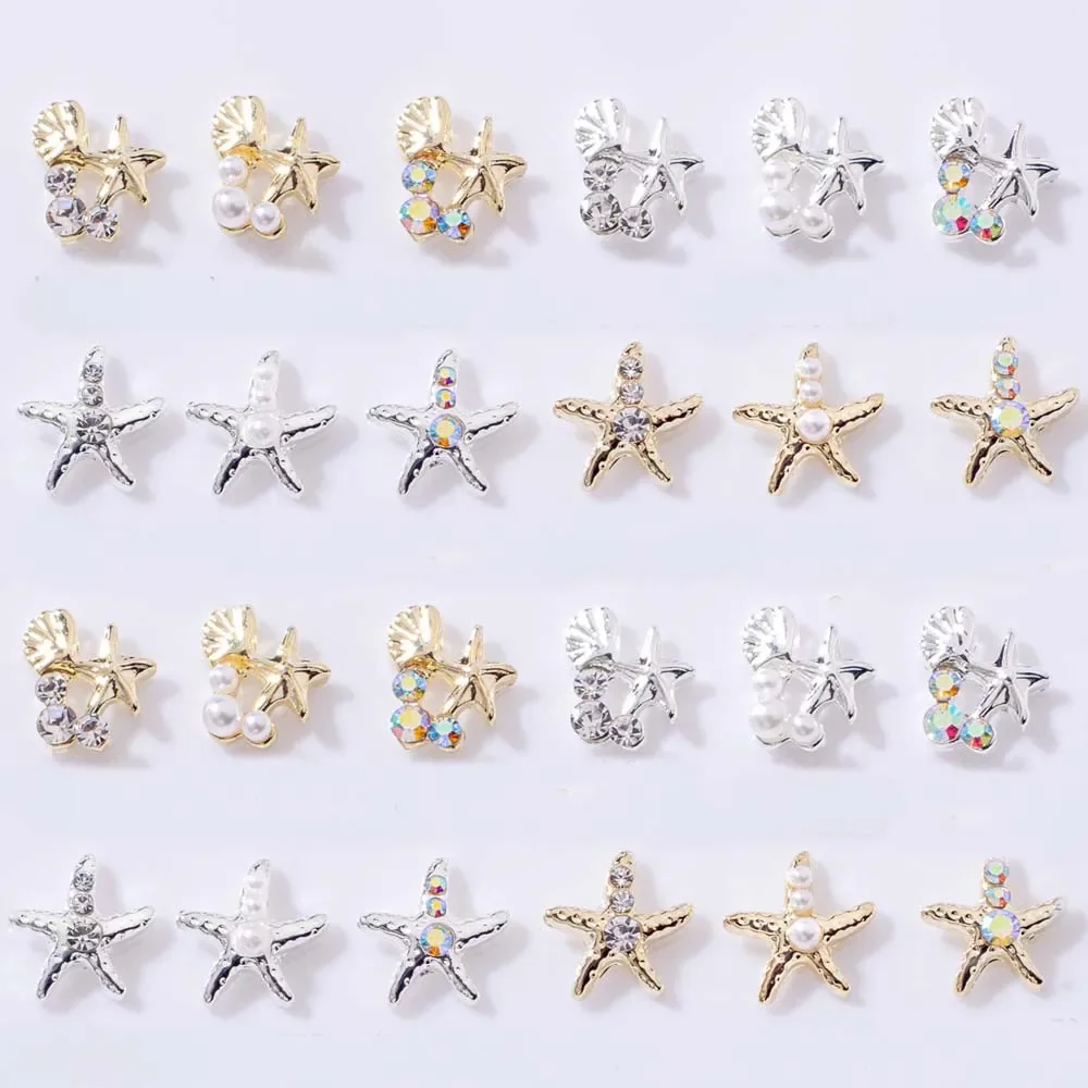 10Pcs Ocean Star Shell Nail Art Charms 3D Alloy Gold Silver Starfish Inlaid Diamond Pearl Nail Decoration Summer DIY Nail Parts