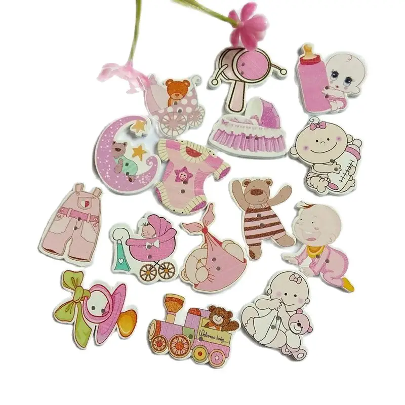 40pcs Decorative baby Buttons Lovely cartoon Wood Buttons for Craft Sewing Scrapbooking Random mixed style 2 Holes buttons