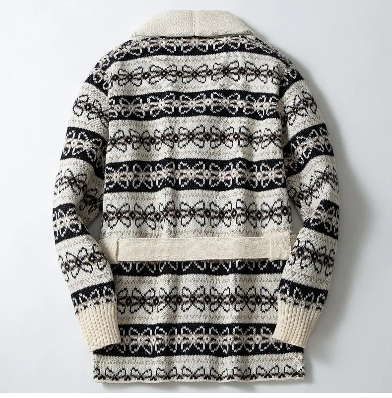 남성 카디건 중간 길이 코트 오픈 스티치 스웨터 턴 다운 칼라 싱글 브레스트 레이스 업 벨트 니트 두꺼운 코트 가을 겨울