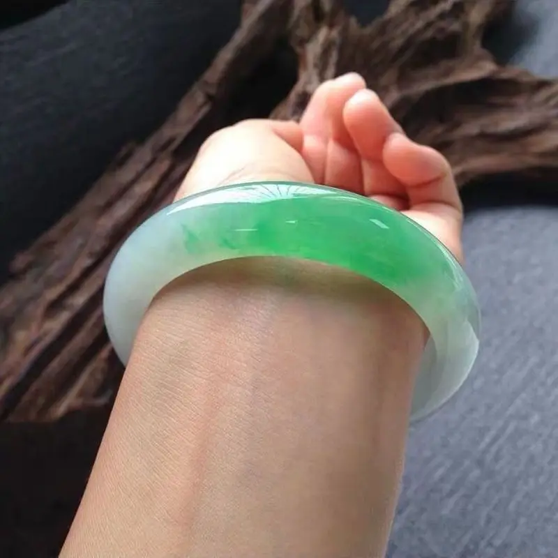 Myanmar Jadeite , Noble Lady's , Ice Jade with Green Veins, Oval Shaped, Floral Pattern, Women's Wide Bangle