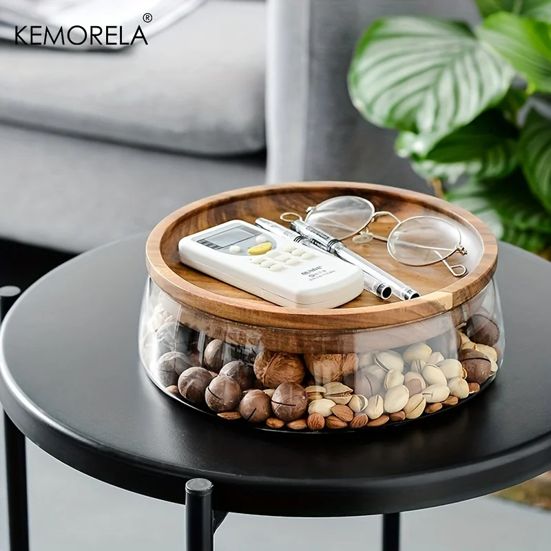 Wooden Trays Glass Bowl Nuts Fruits Food Container For Cereals Jar Double Layer Candy Jars With Wooden Lid Home Kitchen Storage