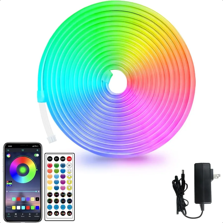 

16.4ft LED neon Lights with Remote APP Control IP65 Waterproof Flexible Neon Strip Lights 24V RGB LED Rope Lights for Bedroom R