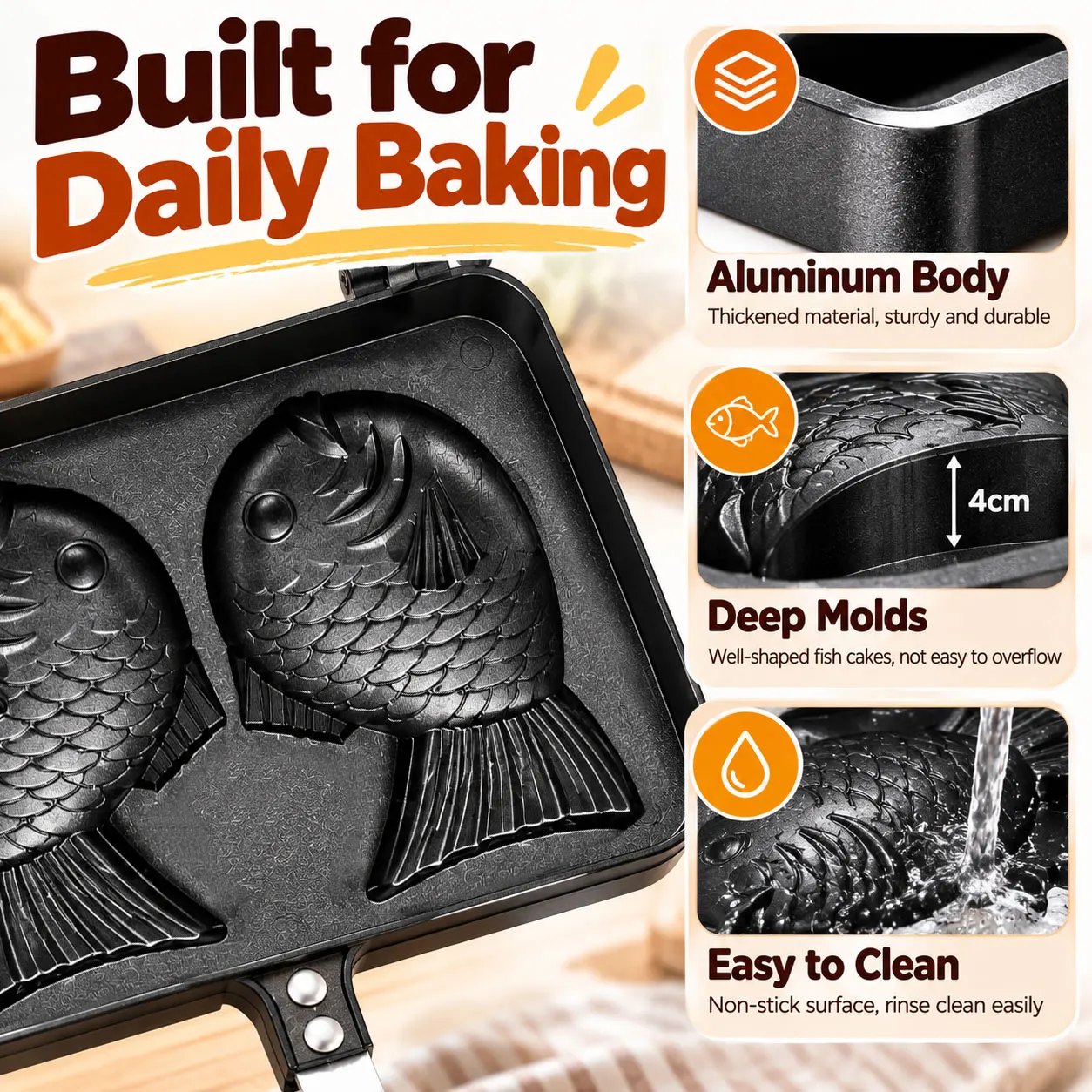 Sartén para Taiyaki con 2/4 orificios, máquina para hacer gofres con forma de pez japonés, molde para pasteles de doble cara, sartén para hornear, apta para cocinas de gas.