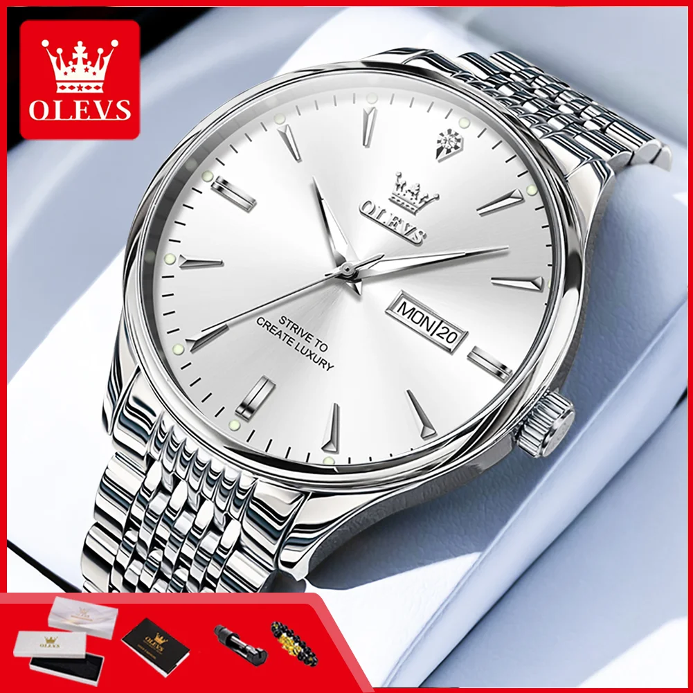 OLEVS 2929 Einfache Quarzuhr für Herren Edelstahlarmband Doppelkalender Diamantskala Leuchtend Wasserdicht Herren-Armbanduhr