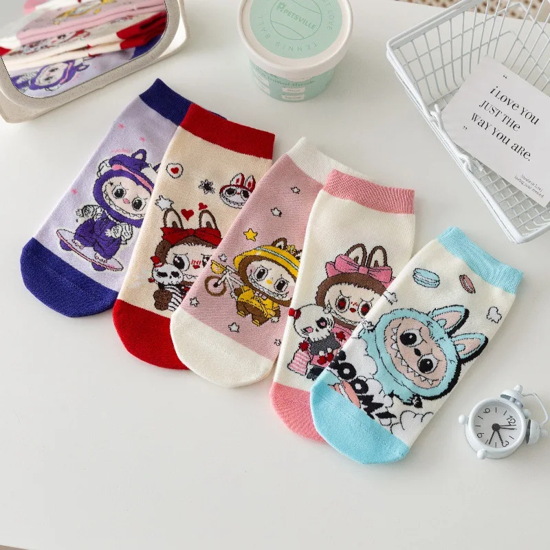 5 Pairs Labubu women's short socks cartoon Labubu trend ladies boat socks cute adult breathable cotton socks