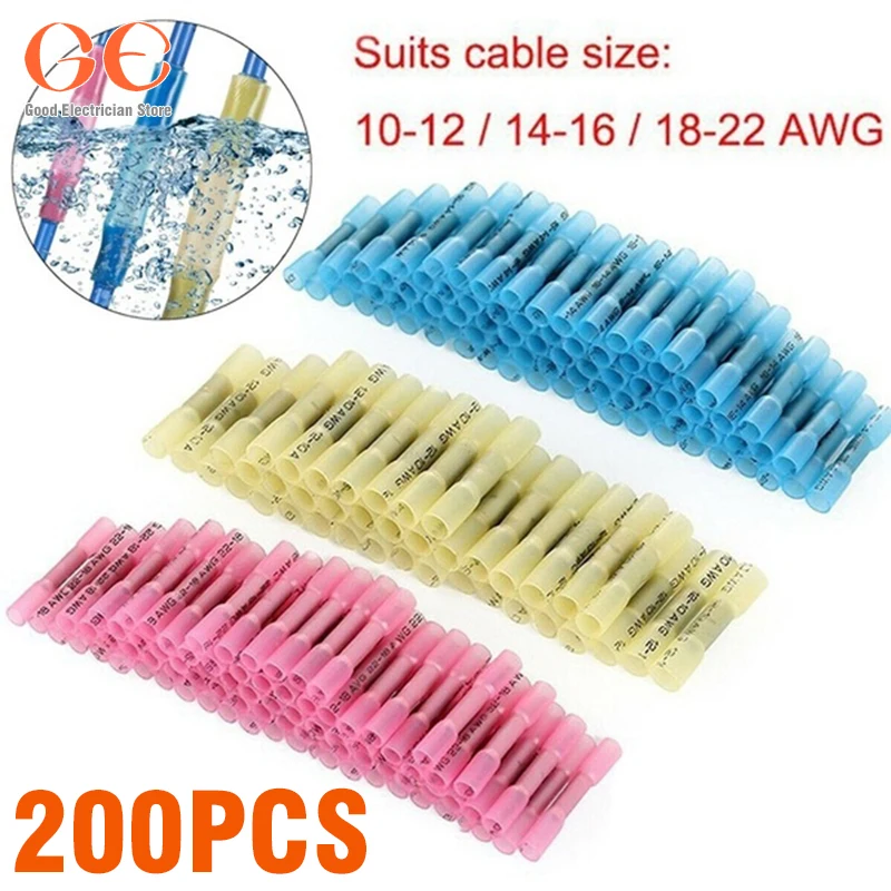 200pcs Heat Shrink Butt Shrink Wire Connectors Waterproof Insulated Automobile Wire Cable Crimp Terminals AWG 26-10 0.3-6.0mm2