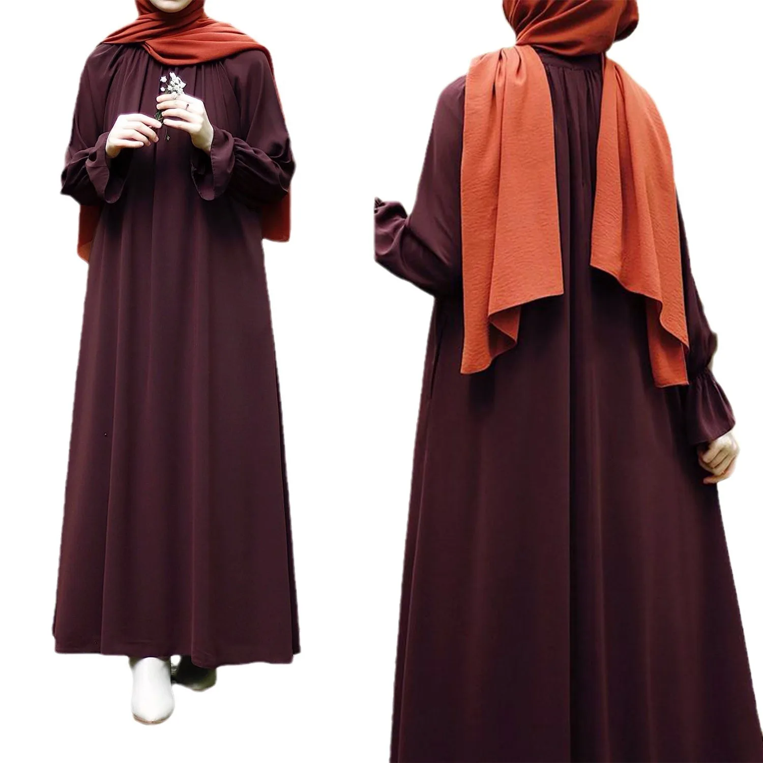 Muslim women's dress, solid color flared sleeve pocket, long sleeved casual dress, abaya