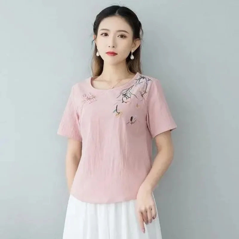 

Женская розовая блузка из льняной смеси в китайском стиле с вышивкой, воротником-чонсам и коротким рукавом, повседневный топ