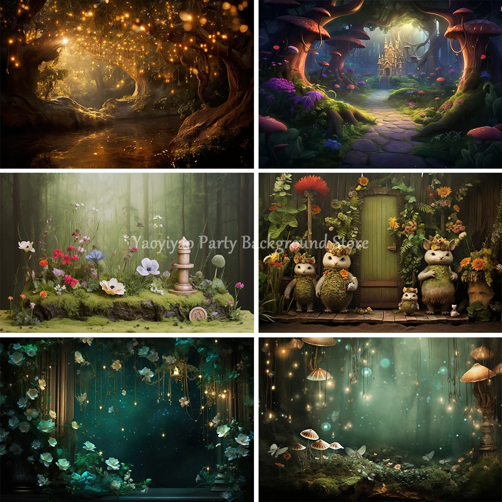 

Fairy Tale Wonderland Dreamy Fantasy Forest Jungle Mushroom Party Backdrop Vinyl Photography Background for Photo Studio Shoot