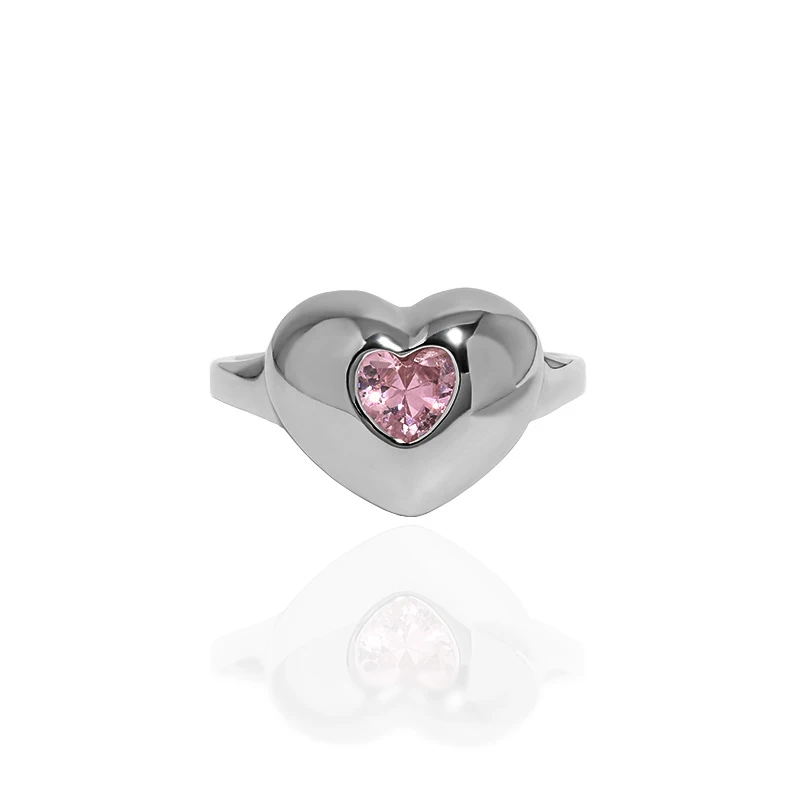 

Minority design geometric heart-shaped inlay pink zircon texture S925 sterling silver open ring