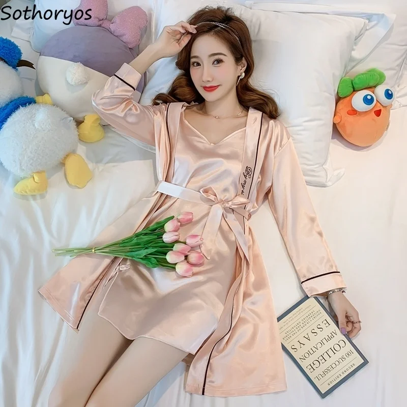 

Women Robe & Gown Sets Spring Newest Sweet Simple Sexy Mini Nightdress Patchwork Stylish Ice Silk Cozy Elegant Casual Homewear