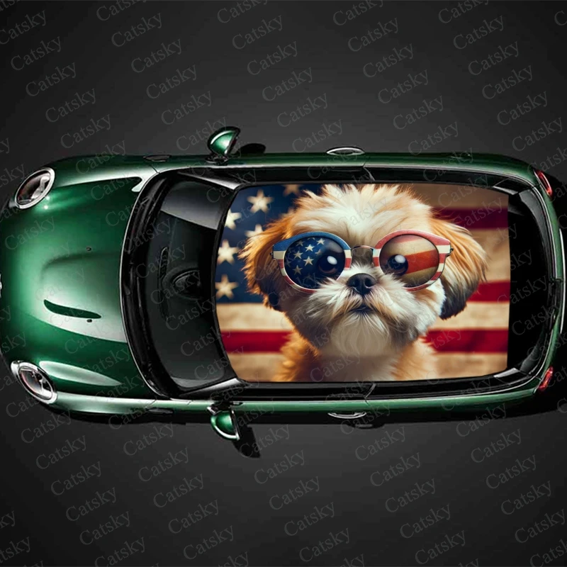 Dog with American Flag Car Roof Sticker Wrap Racing SUV Accessories Packaging Painted PVC Custom Car Graphic Decal