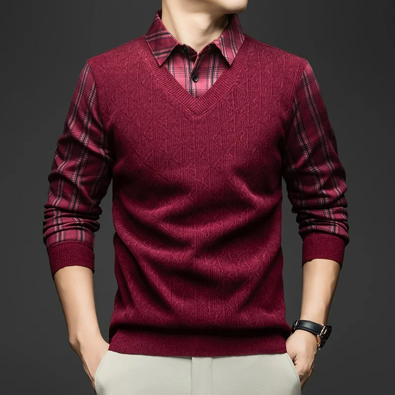 الراقية جودة الرجال التلبيب وهمية قطعتين طويلة الأكمام تريكو شتاء جديد منقوشة أفخم سماكة موضة الأعمال الرجالية