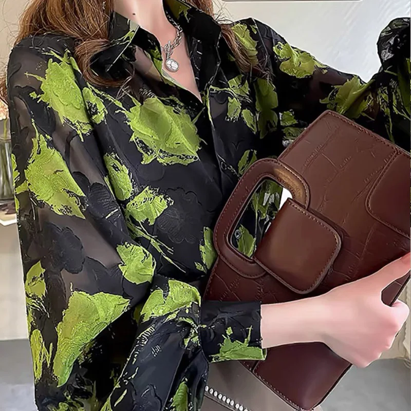 Women Vintage Hong Kong Style Loose Long Sleeve Shirts Spring Summer Chic Black Chiffon Thin Blouses Lady Elegant Printing Tops