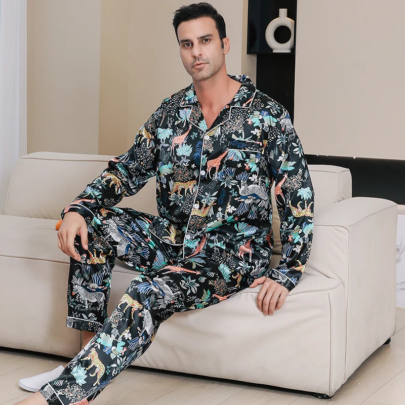 Men's pajamas long sleeves summer ice beautiful home clothes men's spring and autumn casual thin cardigan can wear out two suits