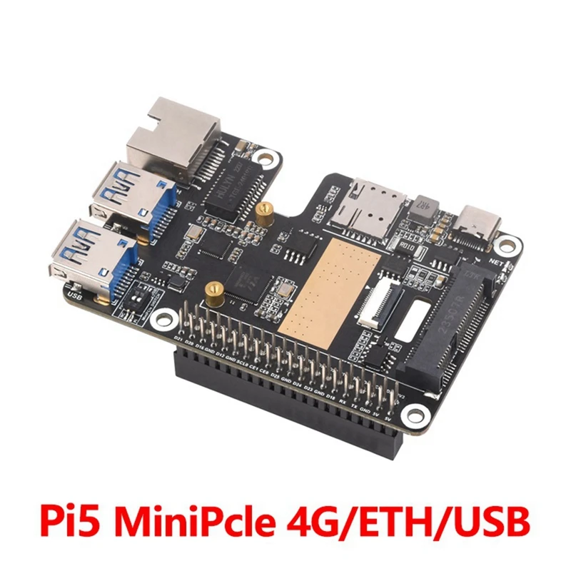 Untuk Raspberry Pi 5 Pcie ke Minipcie 4G Gigabit Ethernet RJ45 USB3.2 topi + papan adaptor Pcie ke Minipcie Gbe USB3.2 topi +